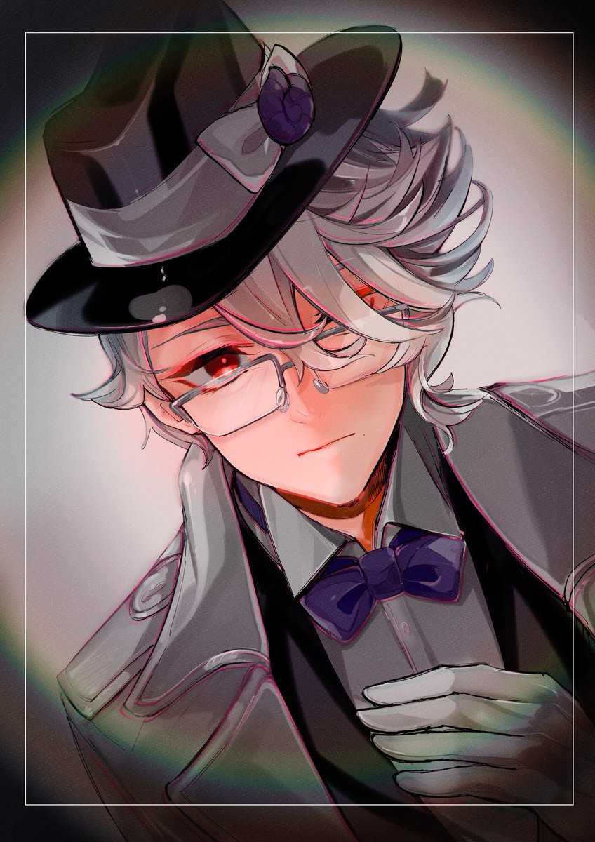 1boy male focus hat glasses bow solo red eyes  illustration images