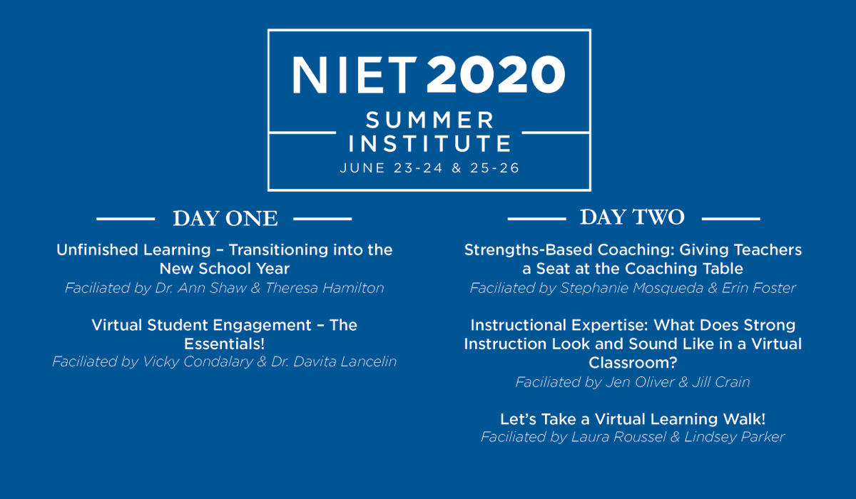 Our virtual <a href="/NIETteach/">National Institute for Excellence in Teaching</a> Summer Institute centers on planning &amp; building momentum for the coming school year so we can best serve students after an unusual spring semester. You can take a single 90 min session or the entire series. Register here: na.eventscloud.com/website/13471/…