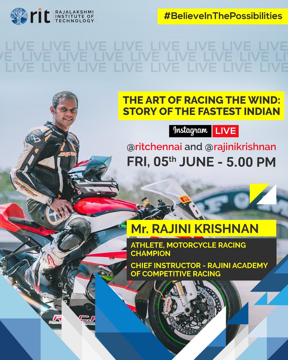 rit_chennai's tweet photo. STAY TUNED! Catch up with Mr. Rajini Krishnan, Athlete, Motorcycle Racing Champion on an Insta live on 5th June, 2020 at 5pm IST.
#RIT #InstaLive #Athlete #MotorcycleRacingChampion #ChiefInstructor #RajiniAcademy #CompetitiveRacing #Thursday #ThoughtfulThursday https://t.co/JbnFUgA3KM