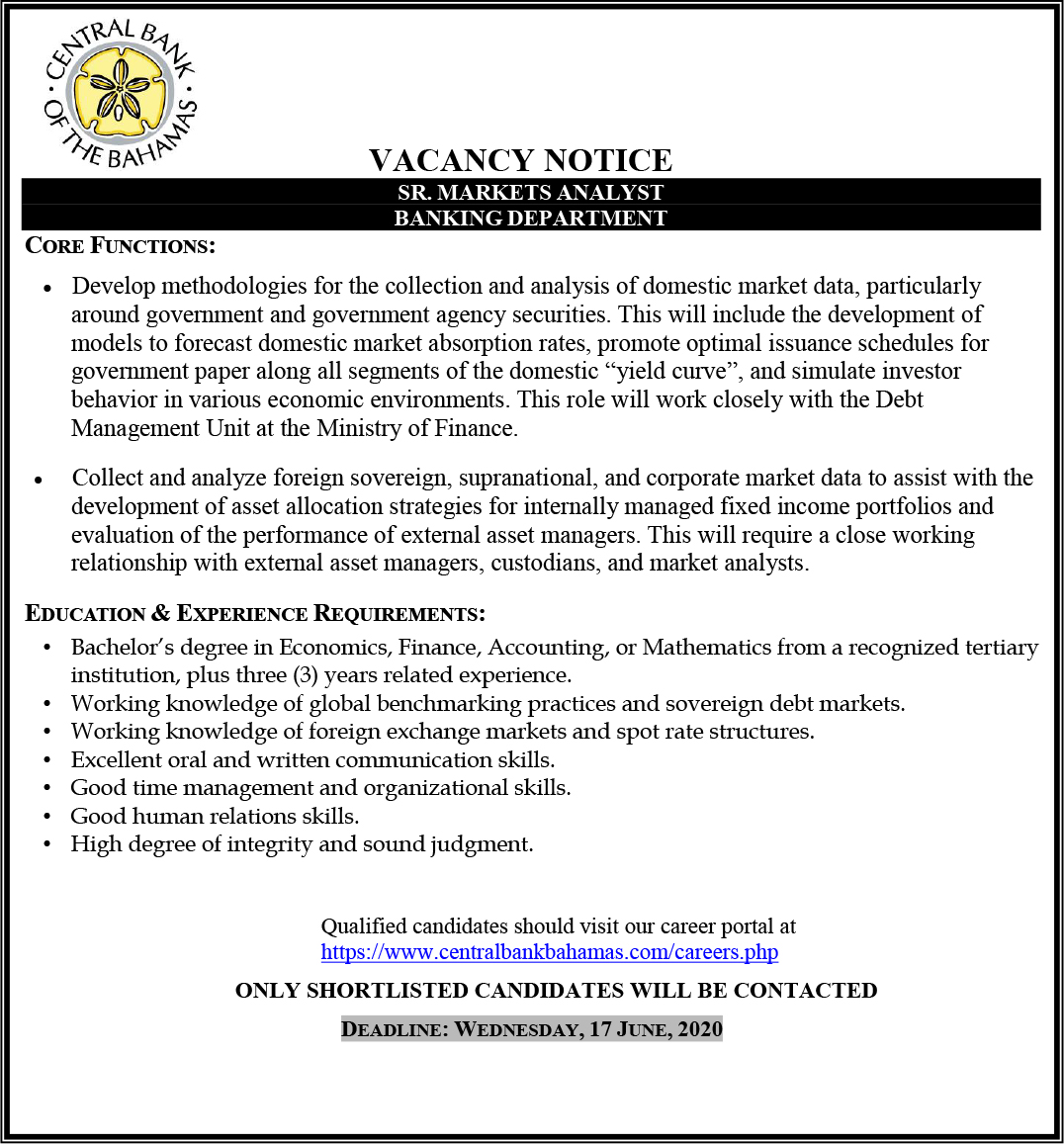 Central Bank Bahamas on Twitter "Career Opportunity Sr. Markets