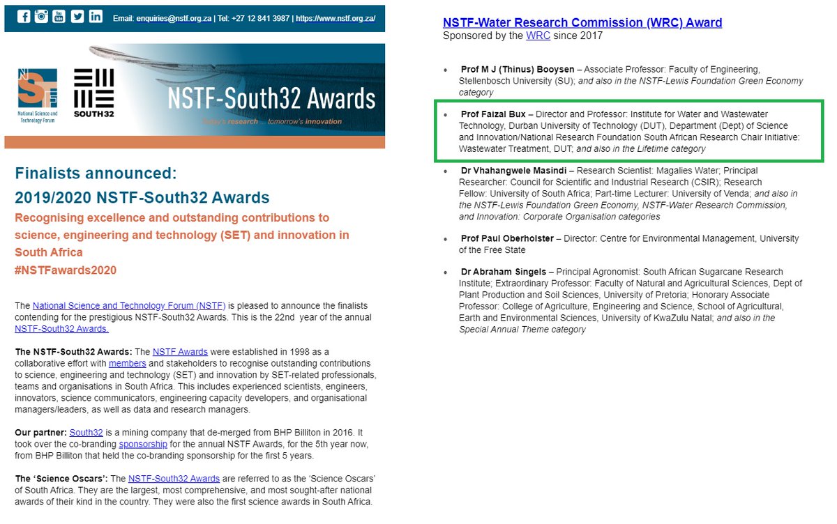 Congratulations to our director <a href="/BuxFaizal/">Professor Faizal Bux</a>  who has been nominated for the #NSTFawards2020 in the Lifetime award &amp; NSTF <a href="/WaterResearchSA/">WRC</a> award category. <a href="/DUT_Tweets/">DUT</a> !