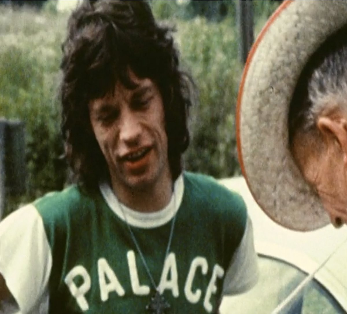 prodnose's tweet image. I tweeted earlier about Bill Wyman wearing a Palace shirt while making Exile On Main Street. I paused the doc at that point and had a lie down to reassess my whole view of the album. Just resumed it and look what was is literally in the next scene.