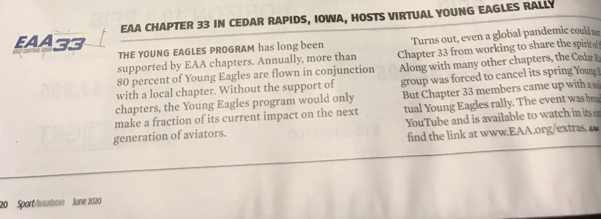EAAChapter33's tweet photo. We made the June edition of @EAA Sport Aviation Magazine! Thankful for our members working to keep the spirit of aviation alive during this season! https://t.co/c8eJu9V3mR