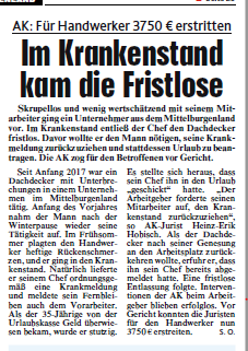 Arbeiterkammer's tweet photo. #AKhilft - konkret die @AKBGLD einem Dachdecker, der im Krankenstand fristlos entlassen wurde. Davor wollte der Chef den Mann nötigen, die Krankmeldung zurückzuziehen und stattdessen Urlaub zu beantragen. Vor Gericht erstritt die AK für den Handwerker 3.750€  @krone_at berichtet https://t.co/lx68mYllix
