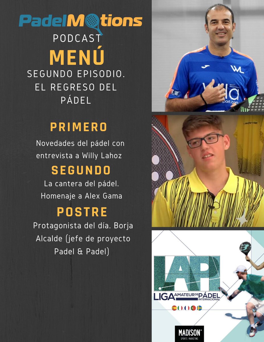 A partir de las 20.00 segundo episodio del #podcast de Padelmotions. Hablamos sobre el regreso del #padel. Disponible en todas las plataformas 

#ivoox #Spotify <a href="/willylahoz/">Willy Lahoz</a> <a href="/madison_mk/">MADISON MK</a> <a href="/DanRanera/">Dan R.</a>