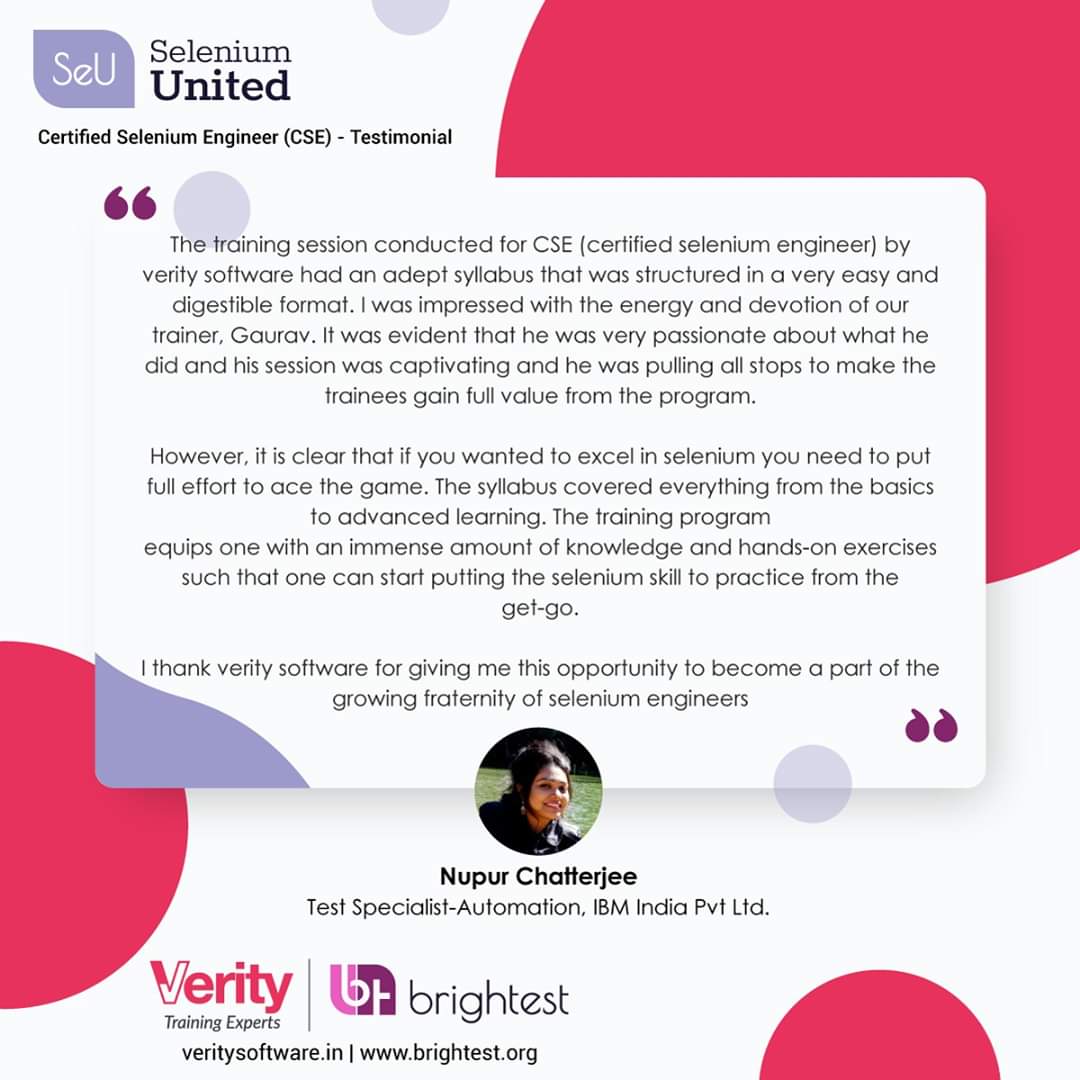 We are happy &amp; grateful that Nupur Chatterjee, IBM found the training organised by us really helpful. It was in association with <a href="/SeleniumUnited/">Selenium United</a>. 

We have 1 batch coming up tomorrow &amp; it is going to be coached by <a href="/gkpandey/">Gaurav Pandey</a>. 

#Certified #Selenium #Engineer #Testimonial