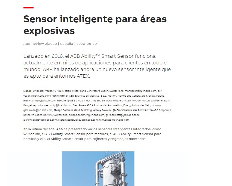 ABB_Spain's tweet photo. Nuevo artículo de nuestra revista técnica #ABB_Review. Conoce cómo hemos desarrollado la nueva solución sensores inteligentes #ABB_Ability para atmósferas #ATEX. 👉https://t.co/VdEmNoxcUF https://t.co/ZtZNy3BFeu