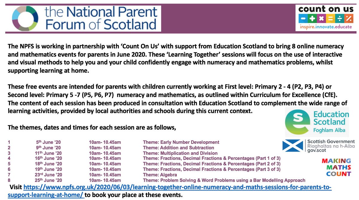 parentforumscot's tweet image. Parents aren&apos;t expected to be teachers – but it can help to have some methods to support learning at home. With @CountOnUsEd and support from @EducationScot we&apos;re bringing you and your child online #LearningTogether Maths Sessions👉 bit.ly/LTMMC #makingmathscount