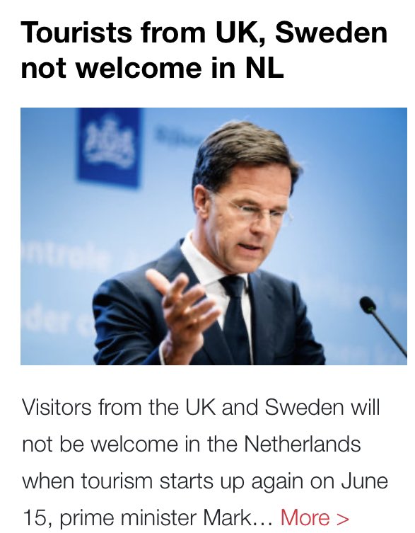 집단면역 실험국가들의 결말...서로 관광객 입국금지 
영국이 스웨덴,네덜란드 입국금지하고, 네덜란드도,  스웨덴도 사이좋게   상호평등주의 실천중
한국 정부보다 백배 천배 후진 관료체제와 수장을 가진 국가들임