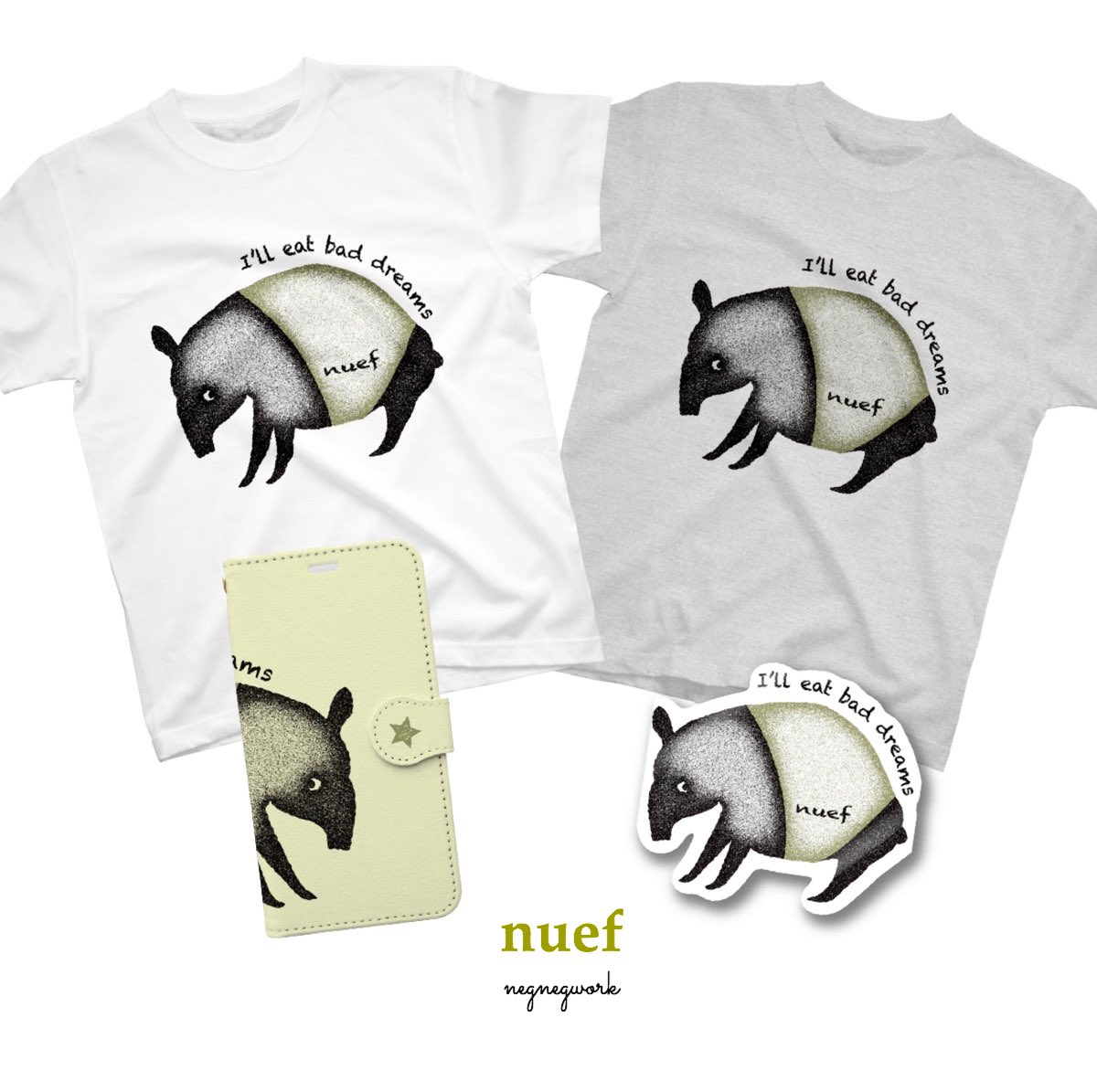 Neg お目々三日月な夢喰いバク 今日は絵本ちっくなテイストで制作してみました Tシャツはガールズサイズ キッズサイズまであります 総柄も作りたかったけど今日は断念 イラスト バク Suzuri夏のtシャツセール Suzuri T Co