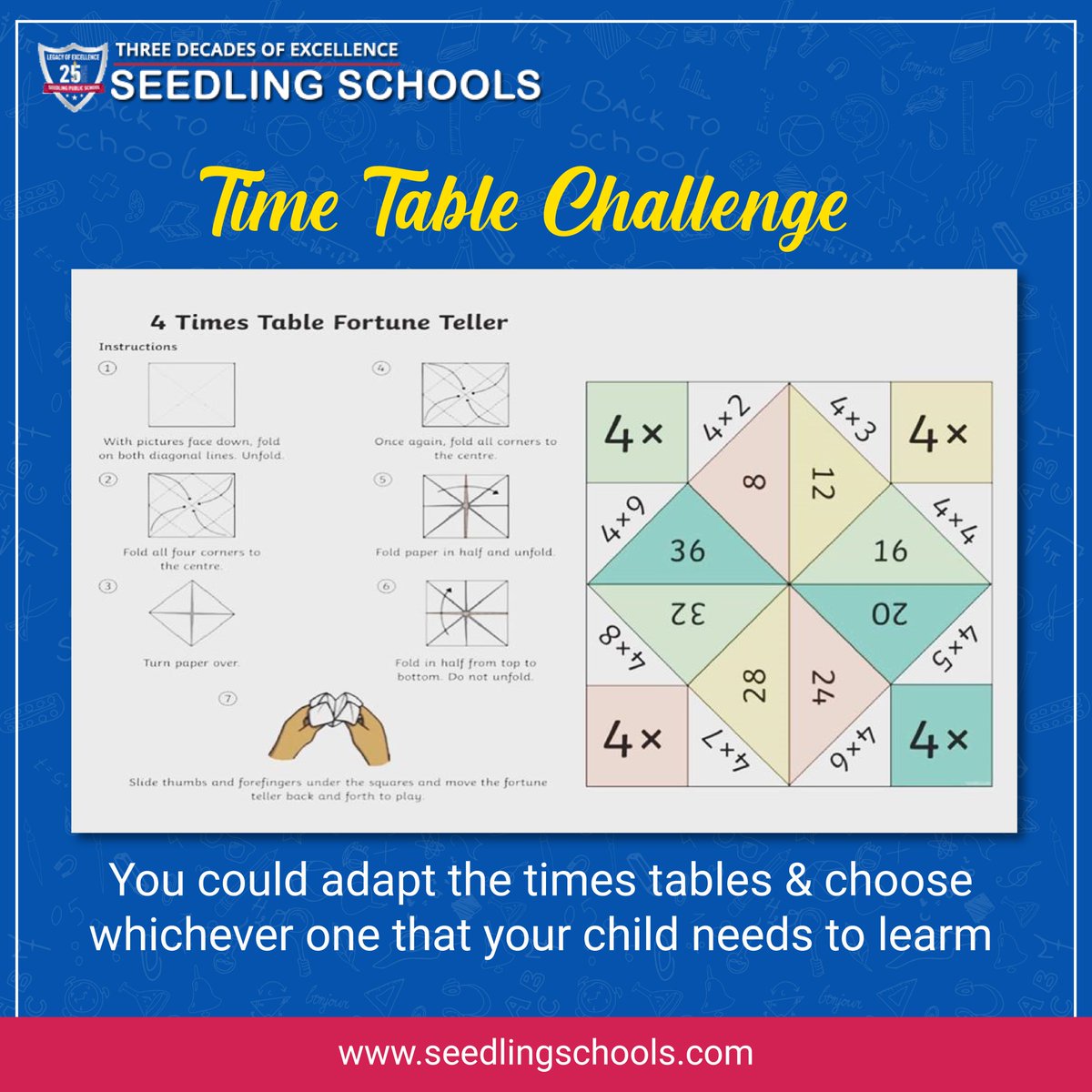 Time Table Challenge!

4 Times Table Fortune Teller🌼

You can adapt the time table and choose which ever one that your child needs to learn!

#seedling #bestschoolinjaipur #quiz #aptitude #gk #maths #mathematics #kidschallenge #kidsquestion #studentpower #StayHomeStaySafe