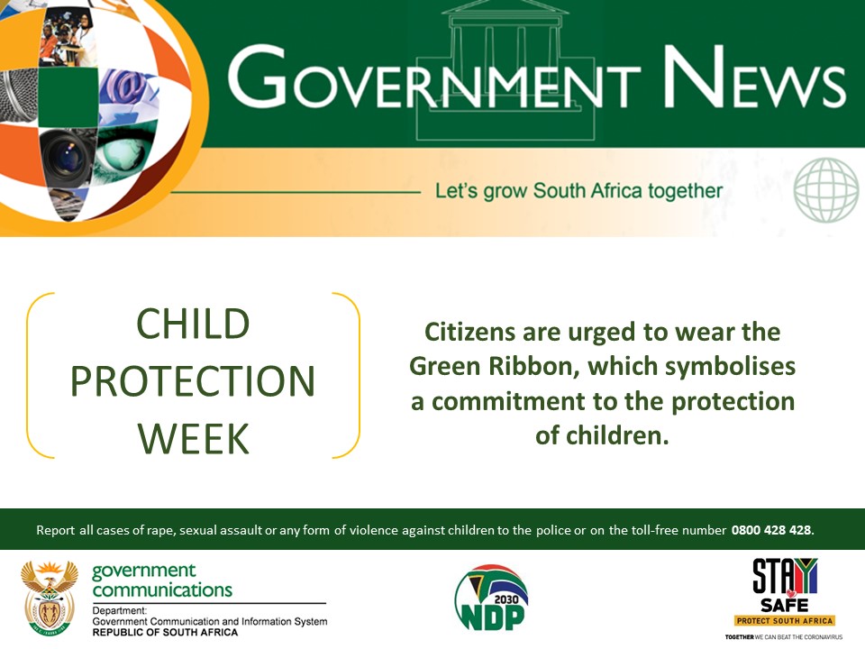 GCIS_IRC's tweet image. As we mark the #ChildProtectionWeek2020 , all members of the public are urged to wear the Green Ribbon, which symbolises a commitment to the #protectionofchildren.