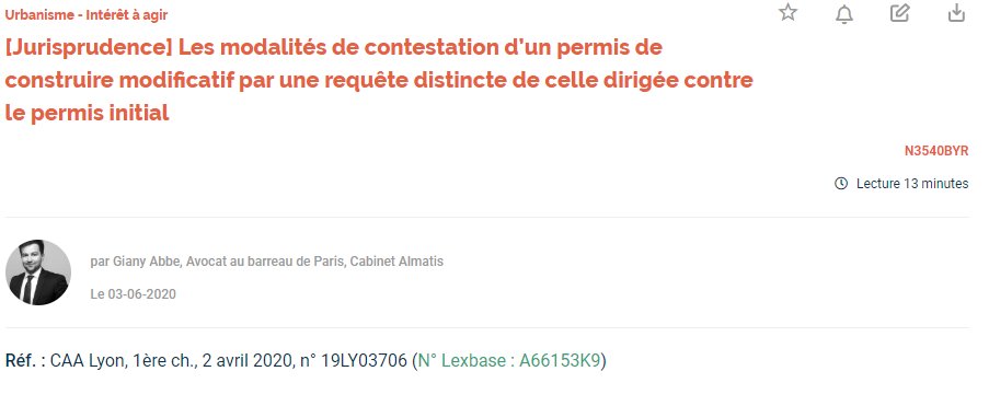 LexbasePublic's tweet image. A lire également cette semaine dans Lexbase éd. publique, Les modalités de contestation d’un permis de construire modificatif par une requête distincte de celle dirigée contre le permis initial (CAA Lyon, 1ère ch., 2 avril 2020, n° 19LY03706) par Giany Abbe, Cabinet Almatis