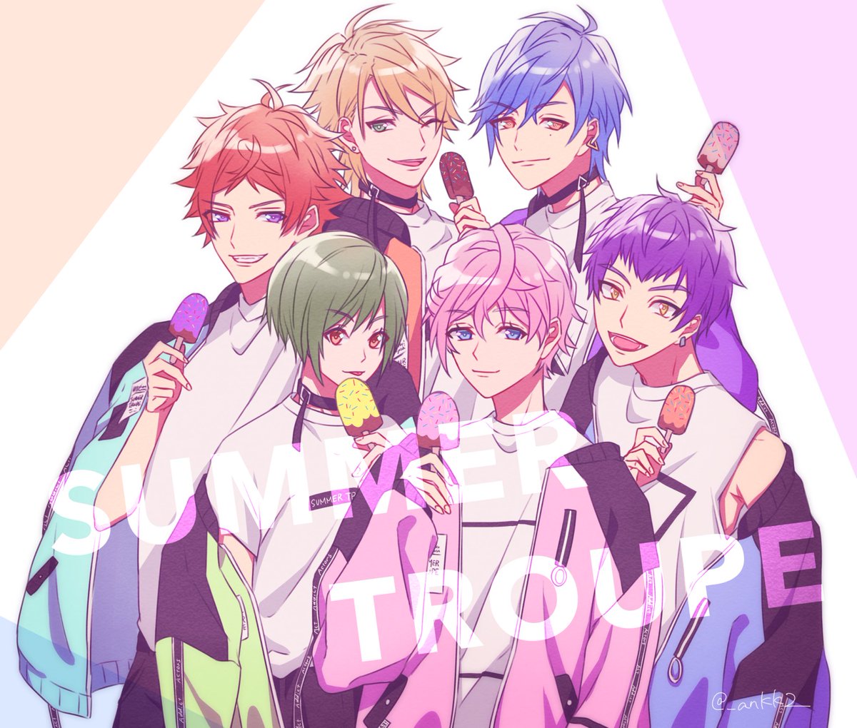 multiple boys male focus green hair blonde hair pink hair purple eyes 6+boys  illustration images