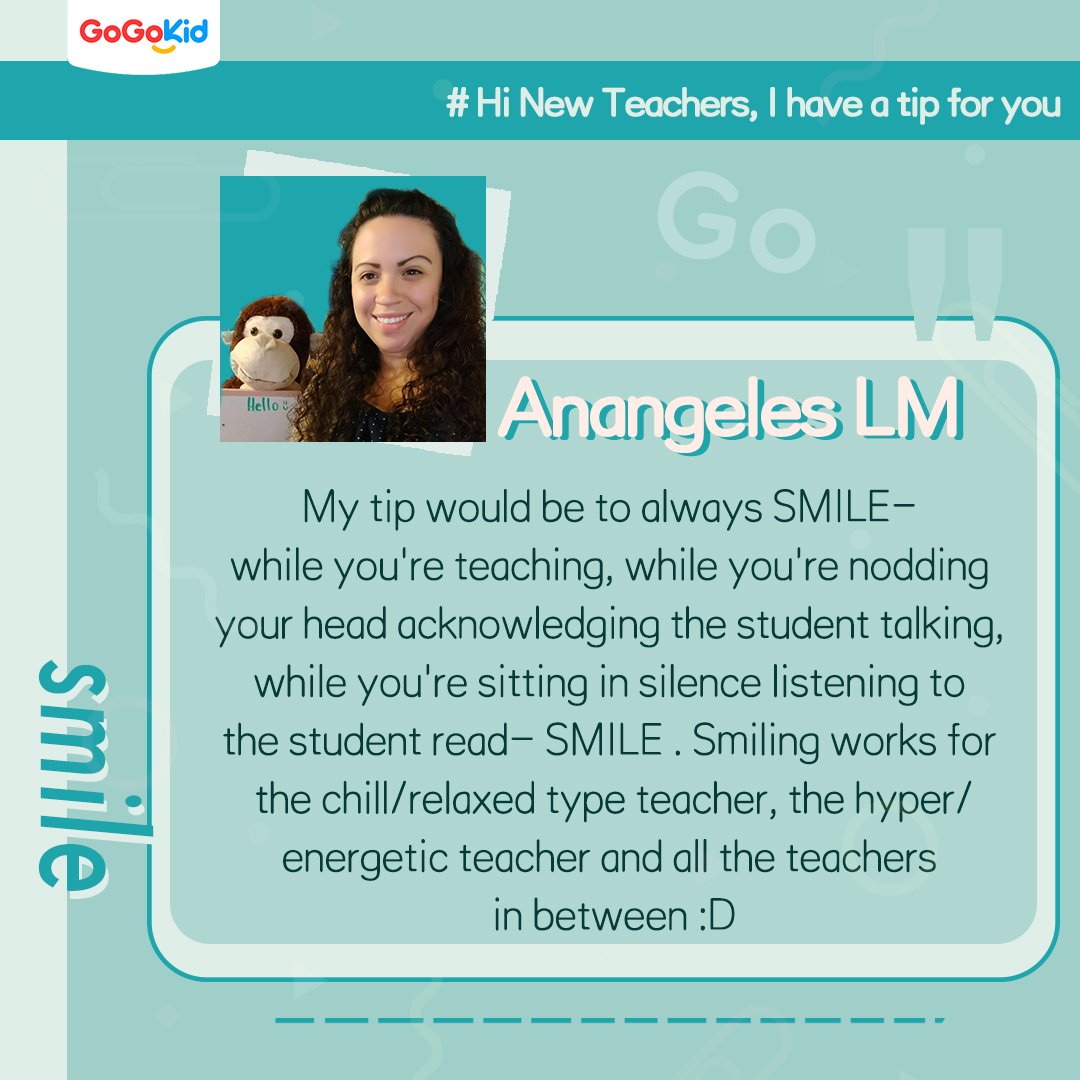 gogokidmoments's tweet photo. My tip would be to always SMILE- while you're teaching, while you're nodding your head acknowledging the student talking, while you're sitting in silence listening to the student read- SMILE
#TeacherSay #Ihaveatipforyou #GoGoKid https://t.co/AJNqvnFDlr
