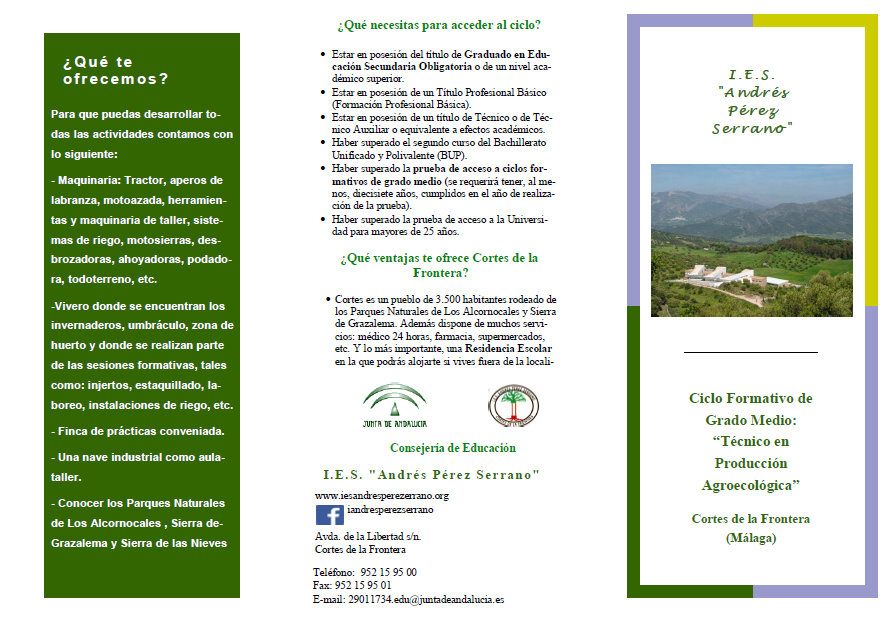 cortesdelafron's tweet photo. Ciclo formativo de grado medio de Técnico en Producción Agroecológica que se imparte en nuestro instituto IES Andrés Pérez Serrano de Cortes de la Frontera.
Se dispone de residencia escolar, la Residencia Río Guadiaro en el teléfono  952154295.
VIDEOPROMO
 https://t.co/kdG6nsmj5P https://t.co/3BQz5waMmT