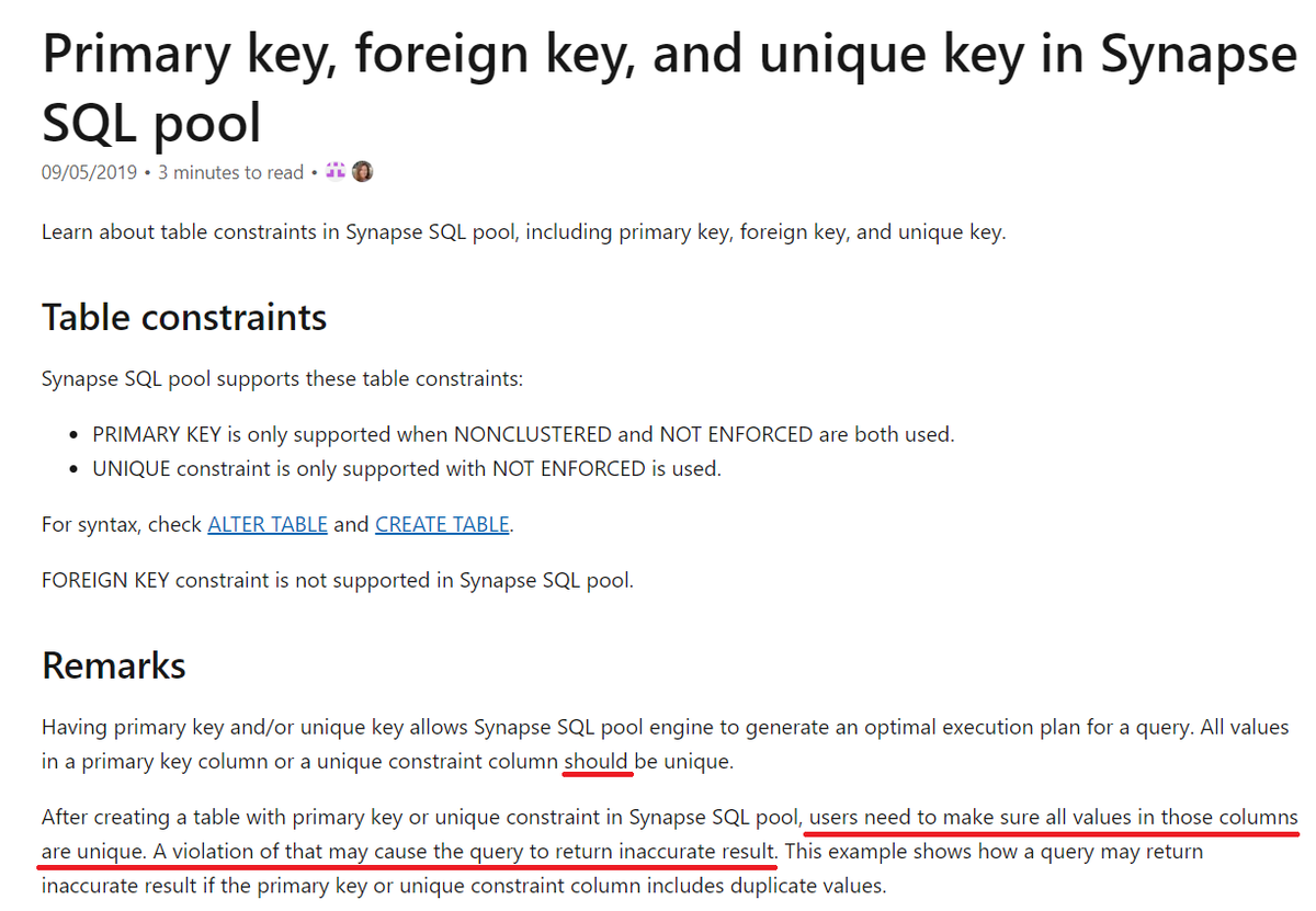 rolandbouman's tweet image. Ok. To whom it may concern.
docs.microsoft.com/en-us/azure/sy… This may look somewhat similar to snowflake, however, from what I witnessed, there the primary key is only not enforced. In MS SQL Synapse, the range of wrongness in results is far more severe than I witnessed there.