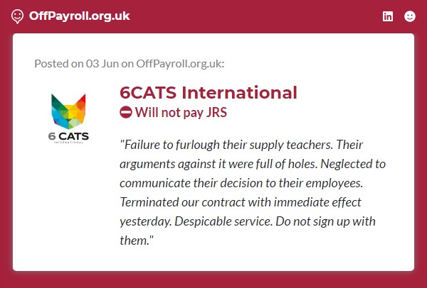 Umbrellas aren't just used by IT contractors, these teachers are being impacted too

You don't need to be an IT contractor to leave a review on our site. Whatever your field, please share your umbrella experiences on offpayroll.org.uk

#umbrella #teachers #furlough #covid19