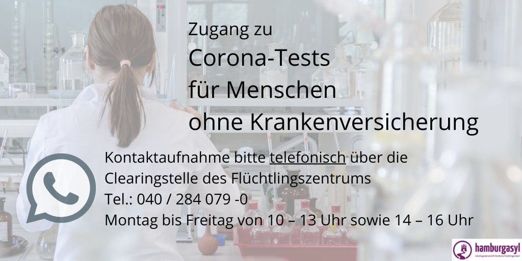 #Corona-Test für Menschen ohne Krankenversicherung‼️
Infos unter ➡️ hamburgasyl.de/corona-tests-o…
#Hamburg  #SchutzFürAlle
Wichtiger Hinweis: die betroffenen Personen sollen bitte nicht persönlich zur Clearingstelle geschickt werden!