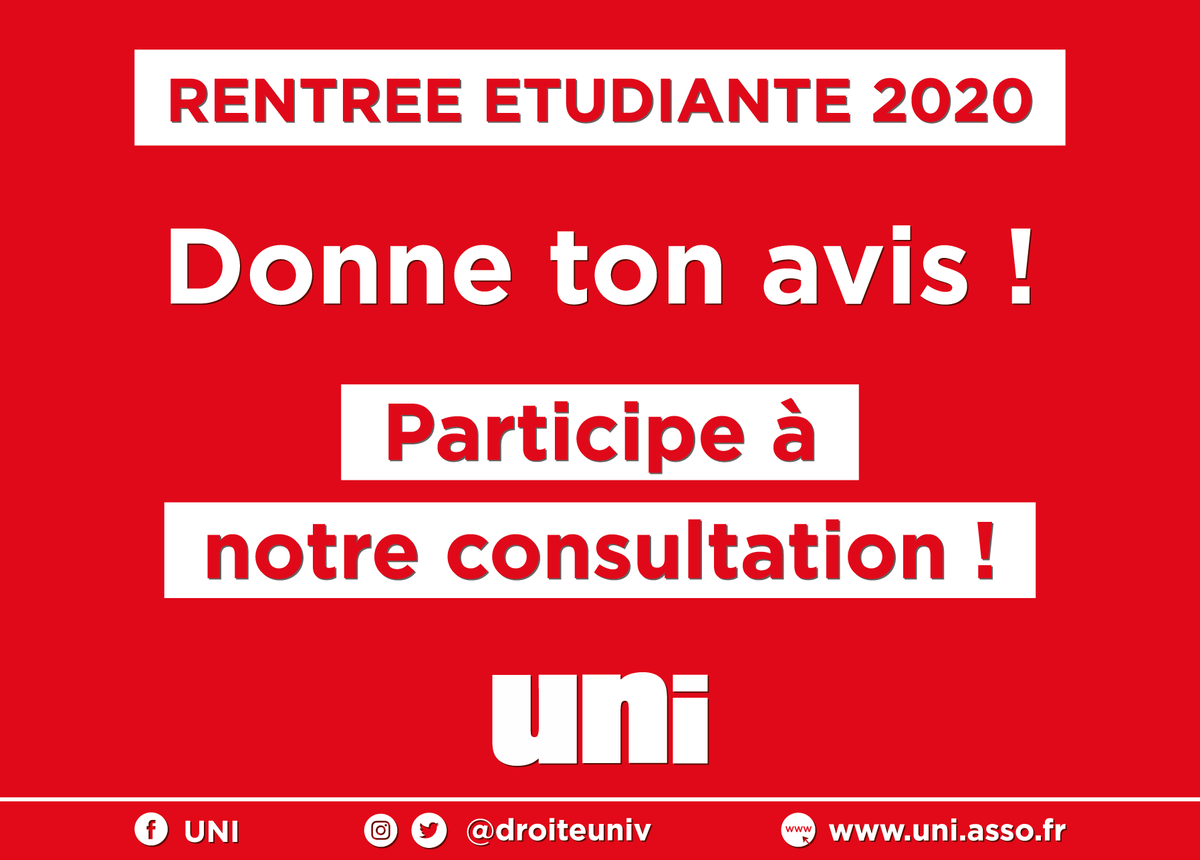 droiteuniv's tweet photo. 🎒Rentrée étudiante 2020 : L'UNI lance sa consultation afin de connaître les attentes des étudiants.

Il est temps que le ministère s'occupe de préparer la rentrée en encourageant le retour au présentiel !

Donne ton avis et participe ! ➡️ https://t.co/dLoiQj0gVj https://t.co/YCioHMxyHj