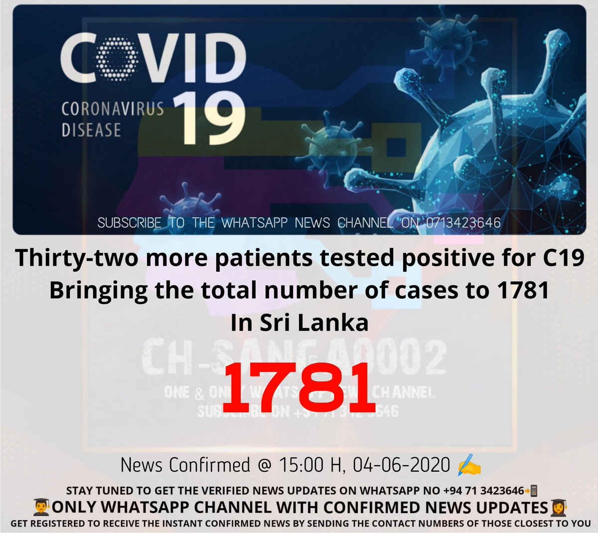 imSVithu02's tweet image. Thirty-two more patients tested positive for COVID-19 bringing the total number of cases to 1781 in Sri Lanka... #verifiedupdates #ShortandFilteredNews #follwmefortheinstantsummarizednews #SriLankanNews
