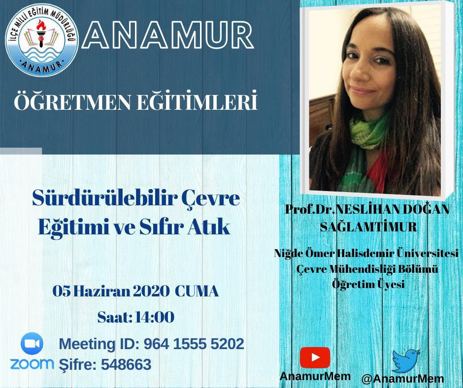 "Sürdürülebilir Çevre Eğitimi ve Sıfır Atık"
Tarih: 5 Haziran 2020 Cuma Saat: 14.00
Konuşmacı: Prof. Dr. Neslihan Doğan Sağlamtimur
<a href="/karmuhsin/">Muhsin KAR</a> 
<a href="/neslidss/">Neslihan DOĞAN-SAĞLAMTİMUR</a> 
#NiğdeÖmerHalisdemirÜniversitesi