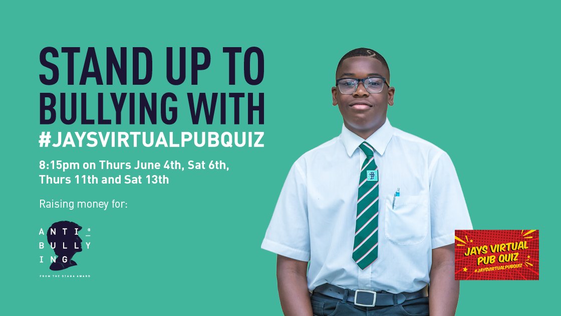 abcholmes's tweet photo. Thank you Jay for selecting us @DianaAward @AntiBullyingPro as chosen charity for next two weeks, starting tonight!

Livestream starts 19:50 BST for 20:15 quiz start time: https://t.co/DoB3vqgLCA

Donate &amp; find out more here: https://t.co/Bwl7J2tWnu

#JaysVirtualPubQuiz https://t.co/YN5QHbuO6l