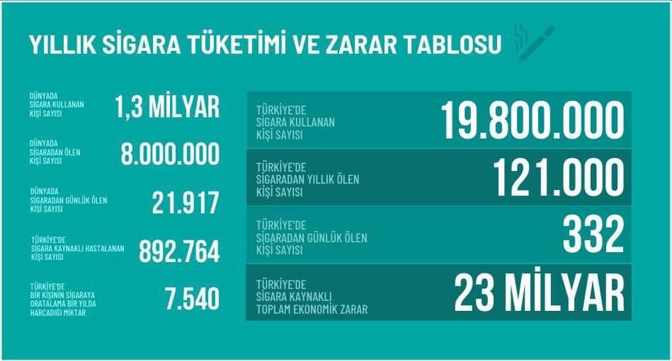 Turkuaz renkli tablolara iyice alıştık. Ama buradaki veriler farklı. Lütfen detaylı inceleyin ve üzerinde biraz düşünün. 

Hele tütün bağımlısıysanız. 🤗

Not:Tablo Yeşilay Bursa Şube Yöneticisi kardeşim Dr.Serhat Yamalı’dan alıntıdır. Teşekkürler.