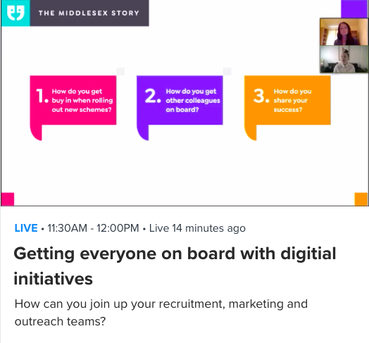 Unibuddy_'s tweet photo. The #UnibuddySummit is in full swing, on our brand new Unibuddy Live with Video Streaming platform.
Stef from @MiddlesexUni and our own Emma Froud are chatting about joining up #HEMarketing, #StudentRecruitment and #WideningParticipation teams. https://t.co/jakAC02ya7