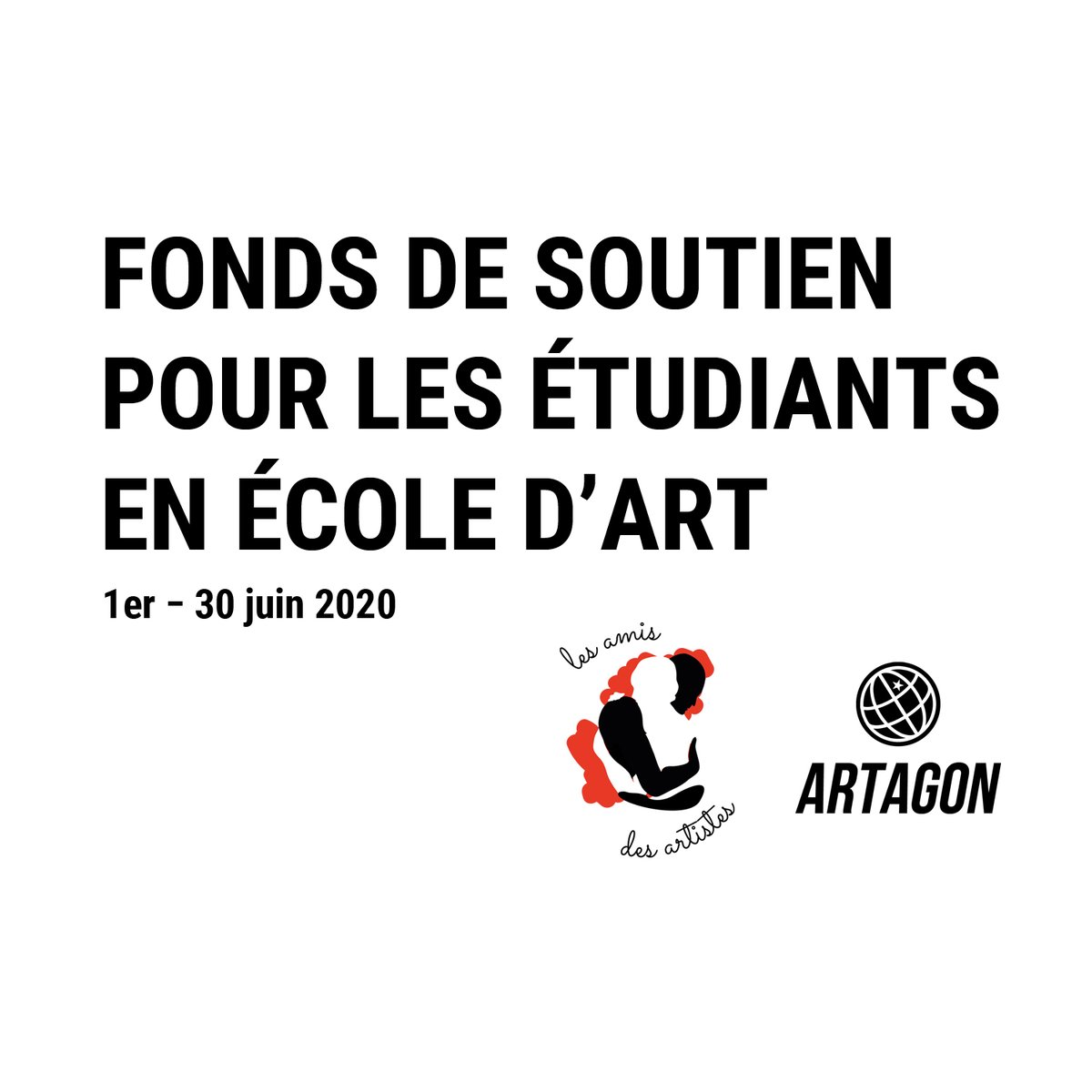 Lancement d'un Fonds de soutien pour les étudiants en École d'art par l'association #Artagon et le collectif #LesAmisdesArtistes !

Plus d'informations et contribution (jusqu'au 30 juin) : bit.ly/2XtysYS

Visuel : © Les Amis des Artistes &amp; Artagon.