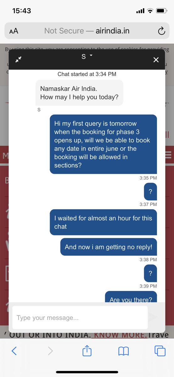 sunainabhagi's tweet photo. @airindiain @airindiain chat agents will mislead you. Read this entire conversation i had with a chat agent. #MissionVandeBharat #nristuckinindia rude and misinformed agents at @airindiain https://t.co/Wz719sbiAI