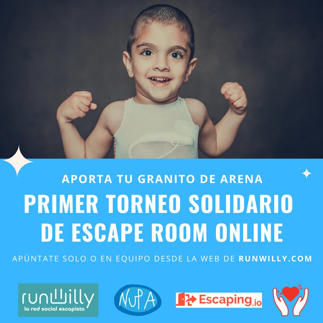 runwilly_es's tweet photo. #TORNEO #SOLIDARIO #ESCAPEROOM #ONLINE @runwilly_es, @EscapingIo y la asociación @SomosNupa se unen para recaudar fondos contra los graves efectos del #coronavirus en familias dependientes del hospital La Paz. ¡Aporta tu granito de arena!  #YoEscapoEnCasa https://t.co/EocWEZeNMD https://t.co/vTD0uUy1QY