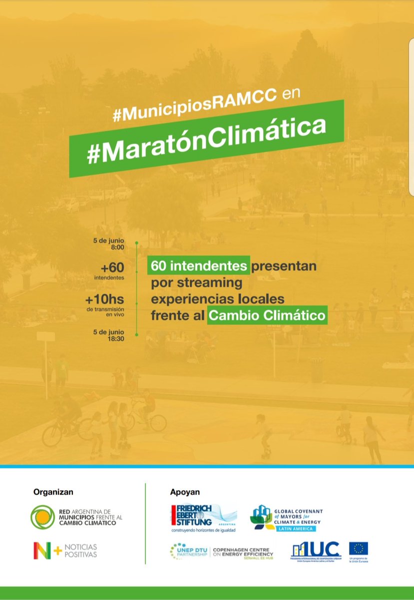 #MARATÓNCLIMÁTICA  VIERNES 5 DE JUNIO, DÍA MUNDIAL DEL MEDIO AMBIENTE 🌎 13:20 a 13:30 hs. Por streaming en YOUTUBE y FACEBOOK,  la presidente comunal Paola Forcada se suma a 10hs de transmisión en vivo con más de 60 intendentes del país <a href="/ComunaArequito/">Comuna de Arequito</a> <a href="/paolaforcada/">Paola Forcada</a>. @ramcc_net