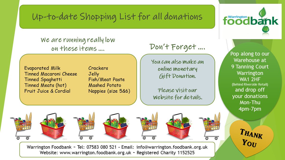 Please see our latest shopping list below. Any items you can donate to <a href="/WarringtonFB/">Warrington Foodbank</a> will be gratefully received.  #foodbank #warrington #foodpoverty #community