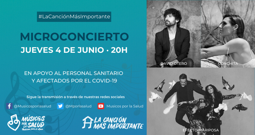 🔊Hoy jueves 4 de junio a las 20h, <a href="/davidotero/">davidotero</a>, <a href="/OficialConchita/">Conchita</a> y <a href="/EF_MARIPOSA/">Efecto Mariposa</a> nos regalan un #microconcierto solidario #online de #LaCancionMasImportante  para dar fuerzas al personal sanitario 👩‍⚕️👨‍⚕️, esta vez dedicado al 🏥#HospitalMiguelServet de #Zaragoza ¡NO TE LO PIERDAS!