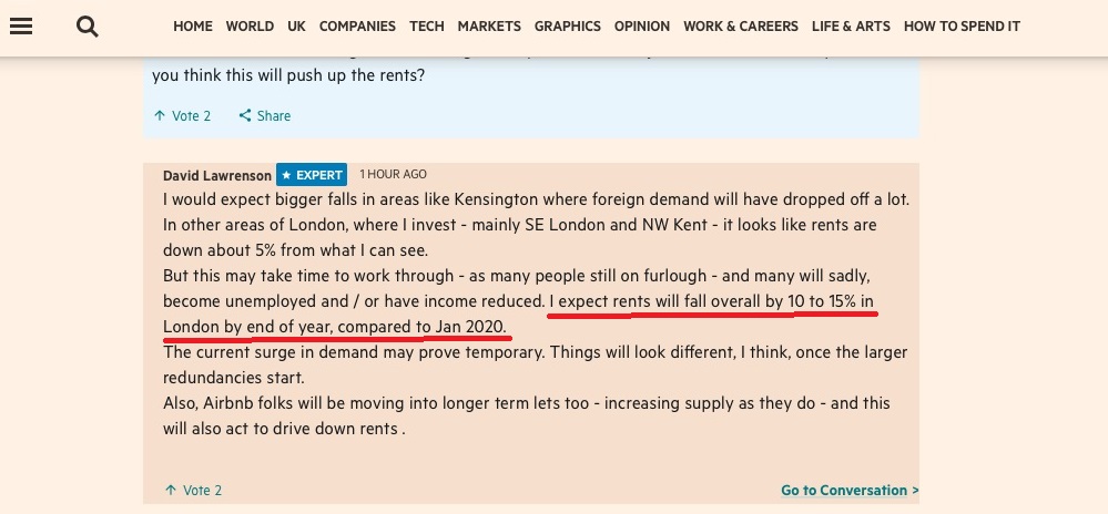 "I expect rents will fall overall by 10 to 15% in London by end of year, compared to Jan 2020."