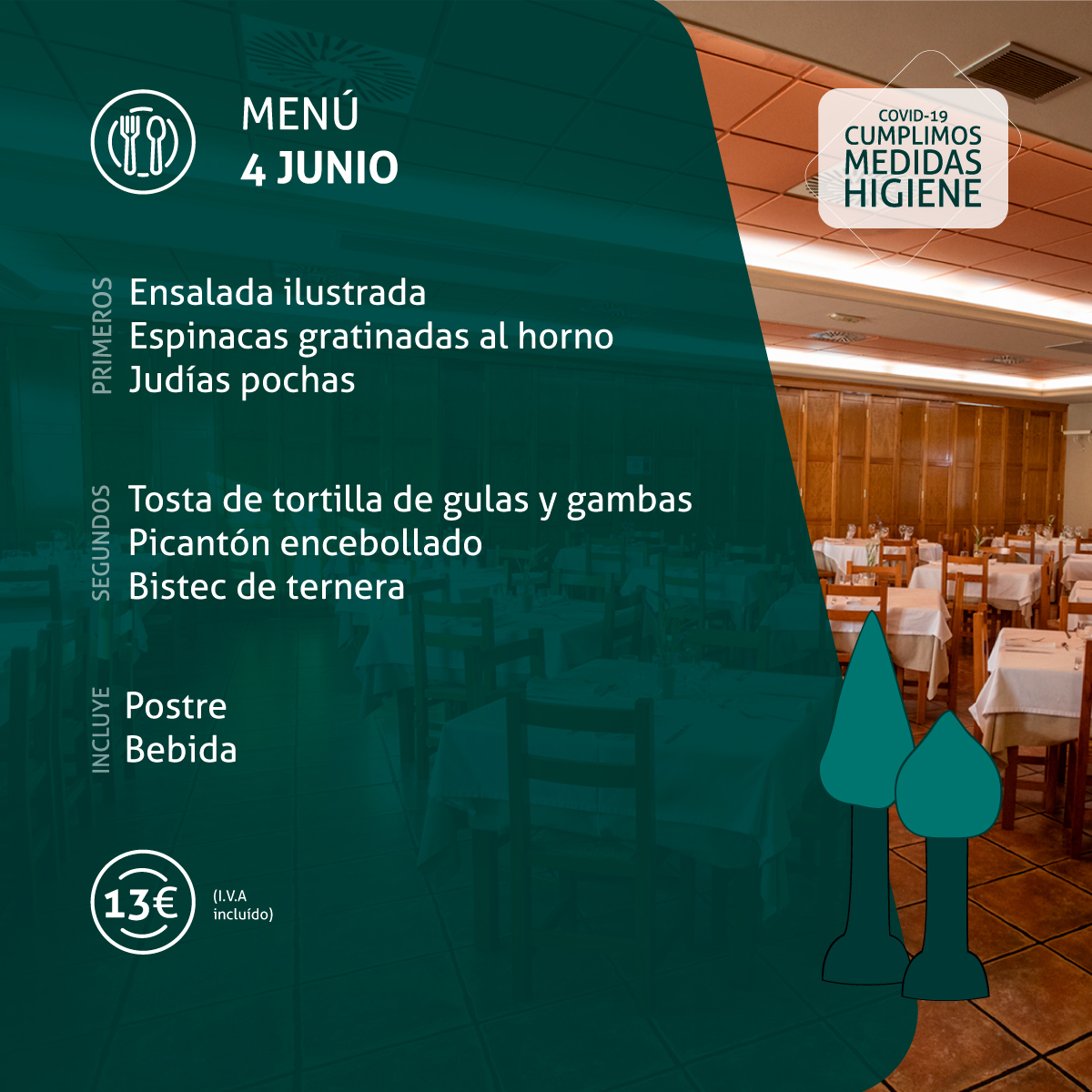 MENÚ #Bolaso 4 de Junio:

PRIMEROS PLATOS
Ensalada Ilustrada
Espinacas Gratinadas al Horno
Judías Pochas

SEGUNDOS PLATOS
Picantón Encebollado
Bistec Ternera
Tosta Tortilla Gulas y Gambas

+POSTRE Y BEBIDA
PRECIO 13€ (iva incl.)

#restaurante #bolaso #menudeldia #ejea #zaragoza