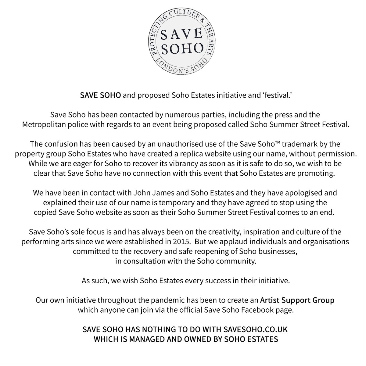 savesoho's tweet image. A statement from #SaveSoho