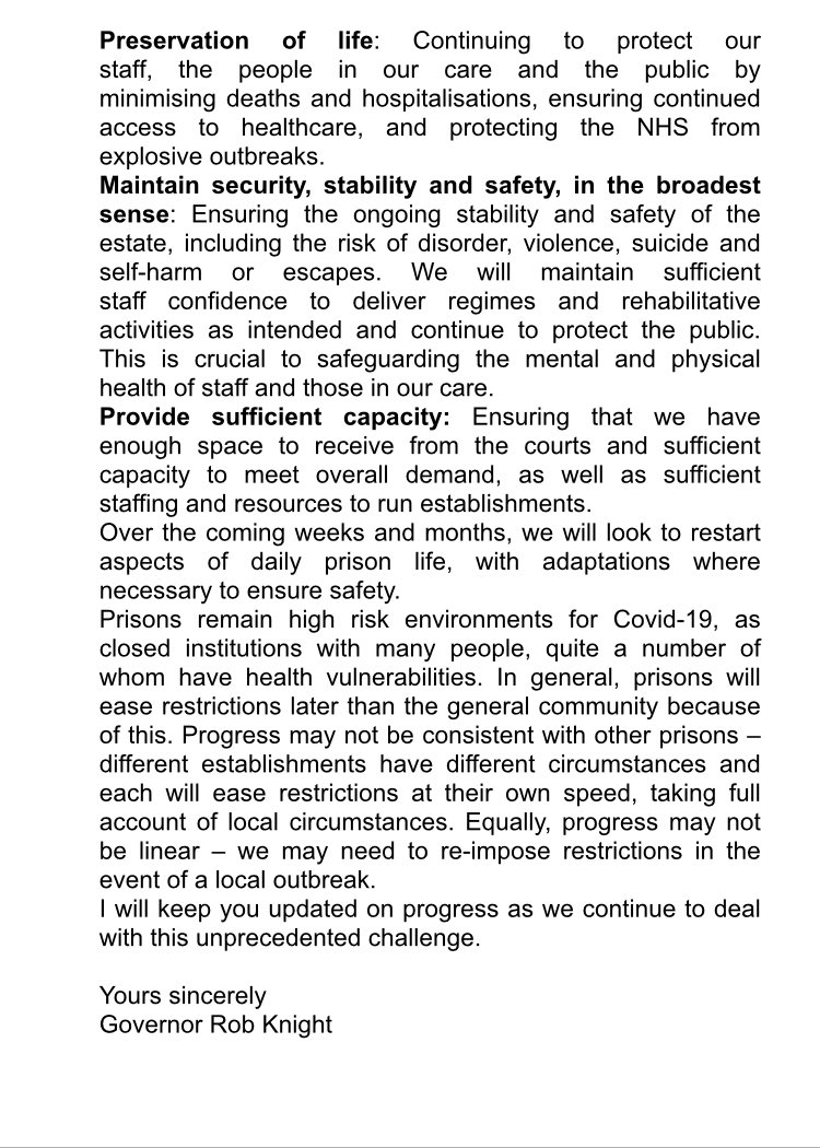 This is a copy of a letter distributed to families to outline the current position at HMP Manchester. Thank you everyone for your understanding and cooperation throughout this difficult period.