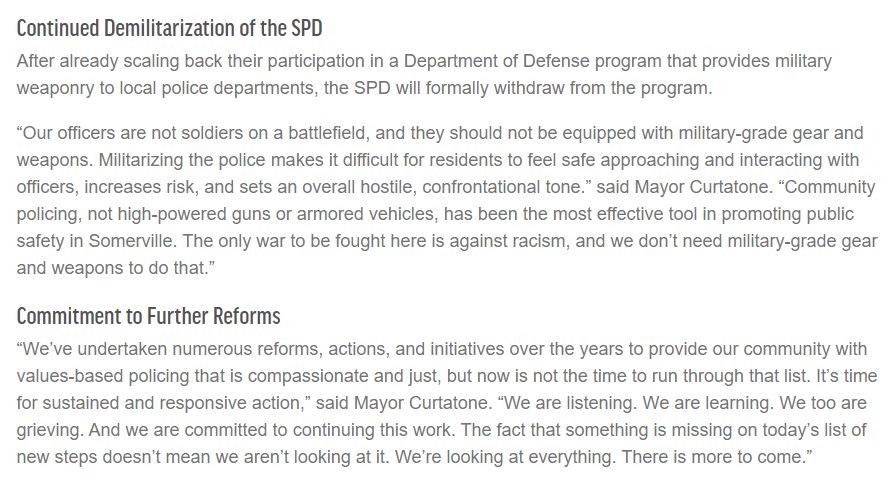 OnlyInBOS's tweet photo. The City of Somerville has declared systemic racism a public safety and health emergency.

Initiatives being called for as a result include:

- Civilian oversight committee to review police use of force policies
- Focus on community policing
- Withdraw from federal arms program https://t.co/aXrbelUNVV