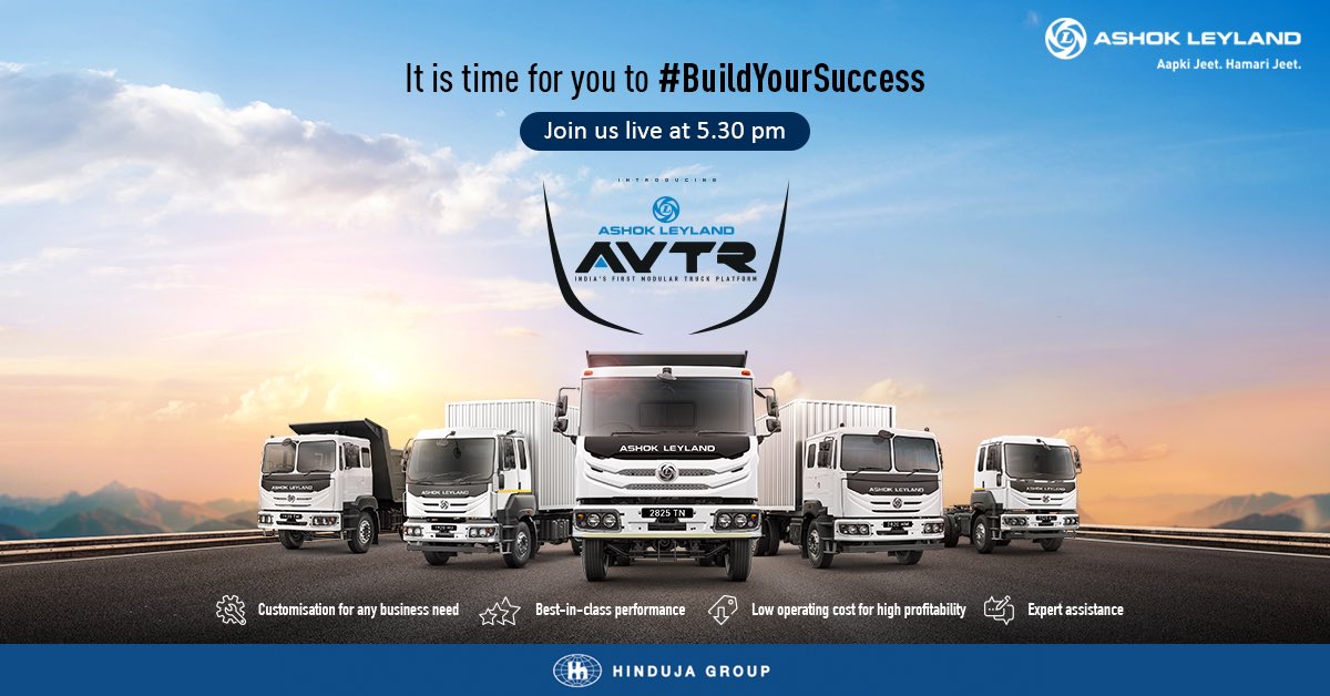 ALIndiaOfficial's tweet photo. Join us live at 5.30 pm today for the grand launch of our new revolutionary and game-changing #ModularTruckPlatform. Get a first-hand experience of how to #BuildYourSuccess! Click here: https://t.co/A7fwfUe6Uy
#AshokLeyland #AVTR #Launch https://t.co/WPD6KFKd5L