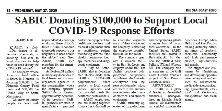 HancockCountyMS's tweet photo. Amazing news! SABIC, a company located at Port Bienville Industrial Park, has announced a major effort to help local businesses in Hancock County.
It's news like this that brings our Community together during trying times. ❤
#HancockCounty #HancockStrong https://t.co/O86p2FMDUZ