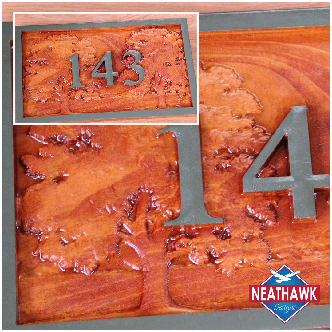 I took a photo of this beautiful tree in the customers lawn and converted into a 3D carving.
3D routed Mahogany | Hand painted  #signshop #signofthetimes #dimensionalsigns #womanrunbusiness #womaninbusiness #womanbusiness #madeintheberkshires #addresssign #neathawkdesigns