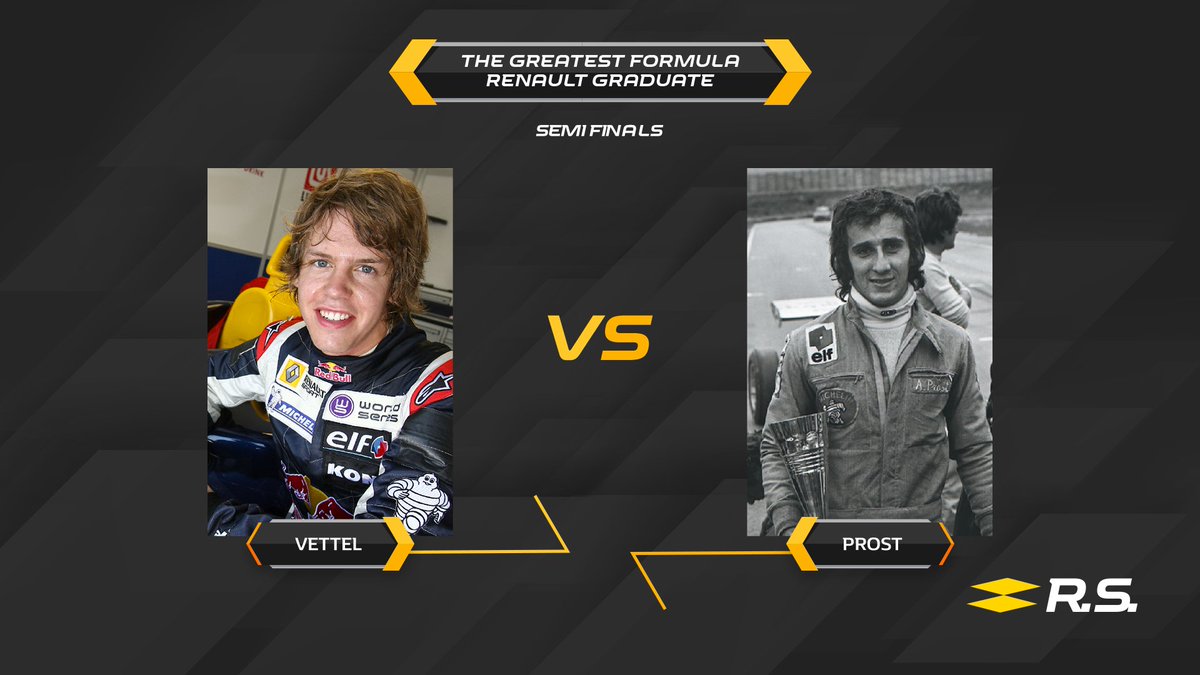 RenaultSeries's tweet image. It's the last Semi finals duel of the Greatest #FormularRenault Graduate tournament! Two legends but only one can win.

Sebastian Vettel or @Prost_official? 
Don't wait and vote! 

👉 formulerenault.com/semi-finals-ve…