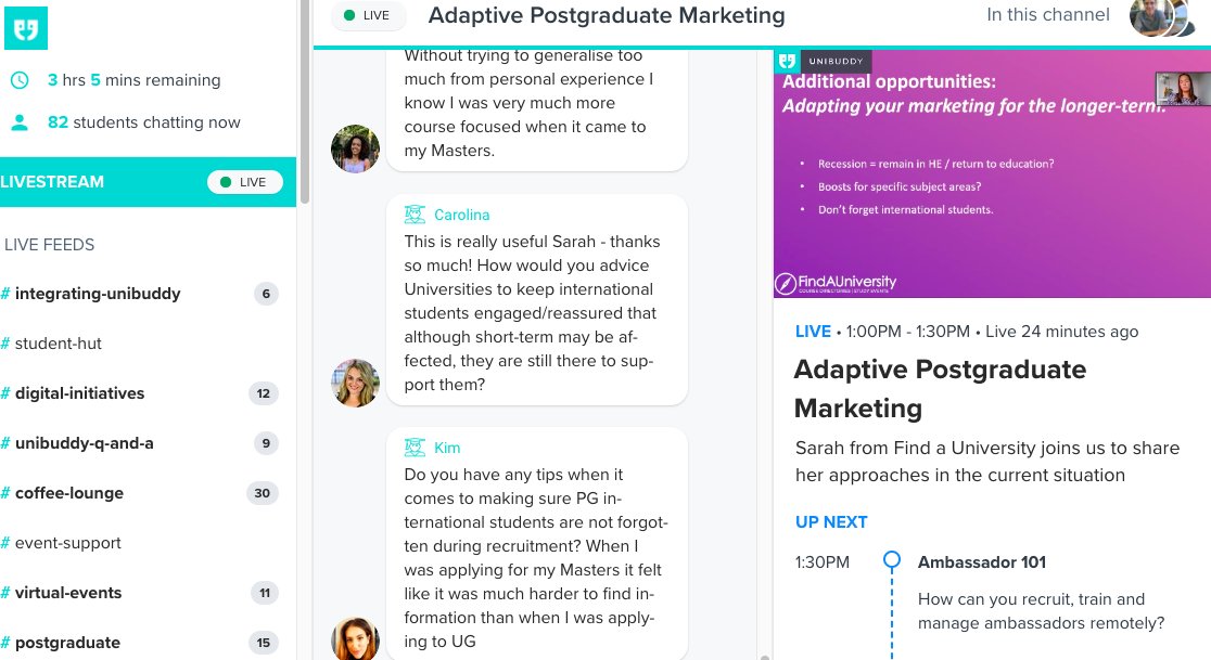Unibuddy_'s tweet photo. Great session from Sarah at @FindAUniversity talking all things #Postgraduate. Great insights into how universities can navigate this difficult time.
#UnibuddySummit https://t.co/MCCiGkYQhi