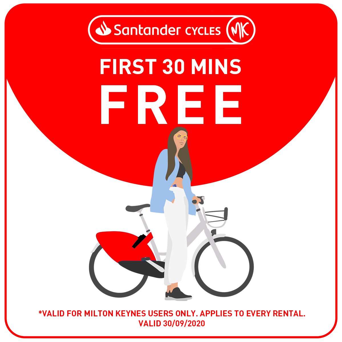 We're excited to announce that our <a href="/SanCyclesMK/">Santander Cycles MK</a> scheme will reopen on Monday 8th June 🥳 To celebrate, the first 30 minutes of every ride will be free to all our Milton Keynes users until 30th September  🚴‍♀️ ❤️