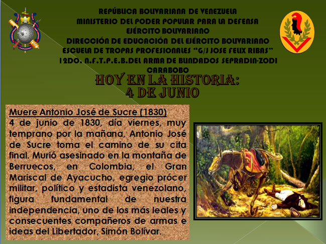 Nucleoeb12szc's tweet photo. 12do. N.F.T.P.E.B.

Hoy en la Historia:

         #04JUN20
#MuereAntonioJoseDeSucre 
#ProcerIndependentistaDeLaPatria 
#Junio1830
@Ejercitooficial
@direducejb
@EJB_EFTPRIBAS
@Nucleoeb12szc https://t.co/uPrFtv14Cb
