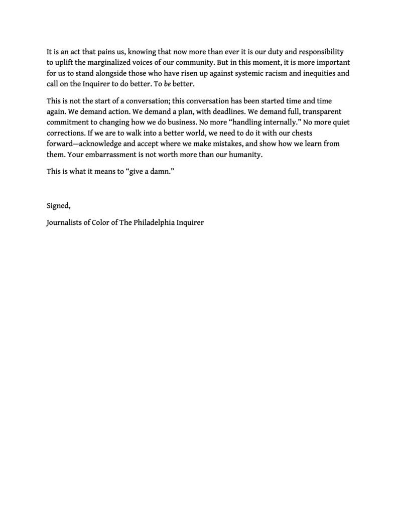 Brandon T. Harden (@brandontrevion) on Twitter photo Today, Iβm joining my colleagues of color at the <a href="/PhillyInquirer/">The Philadelphia Inquirer</a> and calling in sick and tired.
Things need to change. We call on The Inquirer to do better. To be better.
Here is the open letter we sent our newsroom leadership yesterday:
bit.ly/3eMUnjy Today, Iβm joining my colleagues of color at the <a href="/PhillyInquirer/">The Philadelphia Inquirer</a> and calling in sick and tired.
Things need to change. We call on The Inquirer to do better. To be better.
Here is the open letter we sent our newsroom leadership yesterday:
bit.ly/3eMUnjy
