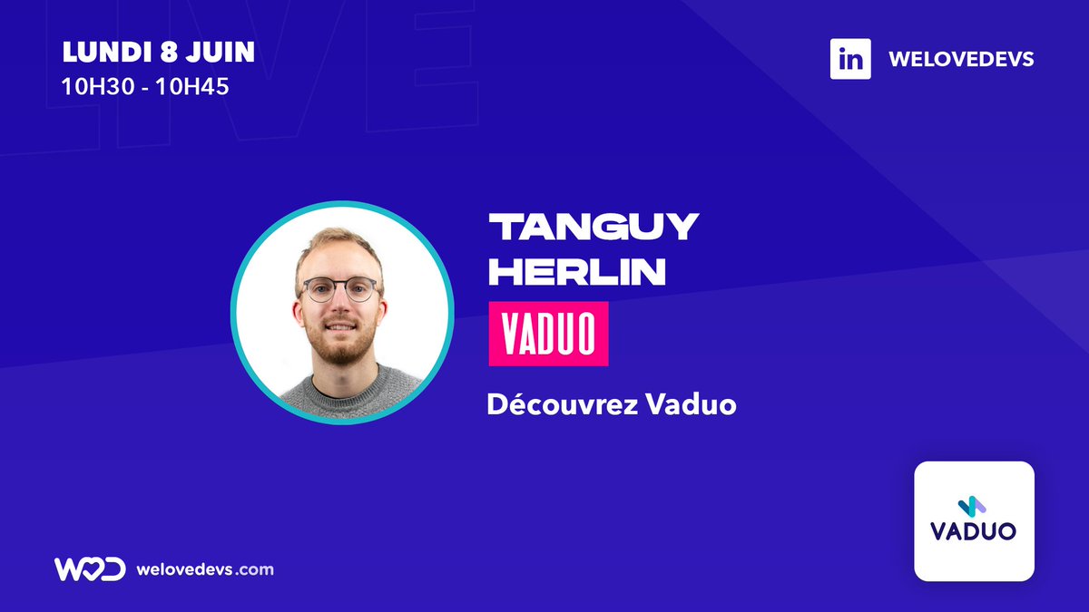 welovedevs's tweet image. [LIVES DU LUNDI]

10h30-10h45 Tanguy Herlin - @VaduoConsulting 🎉
10h45-11h Tony Sansico &amp;amp; Julien Drouvin - @gbandsmith 💻
11h-11h15 Aurélie Lamy-Ducasse - @AssessFirst 🇫🇷
11h15-11h30 Julie Carrière - @WeSingulart 🚀

Inscris-toi 👉 w3d.to/lundi