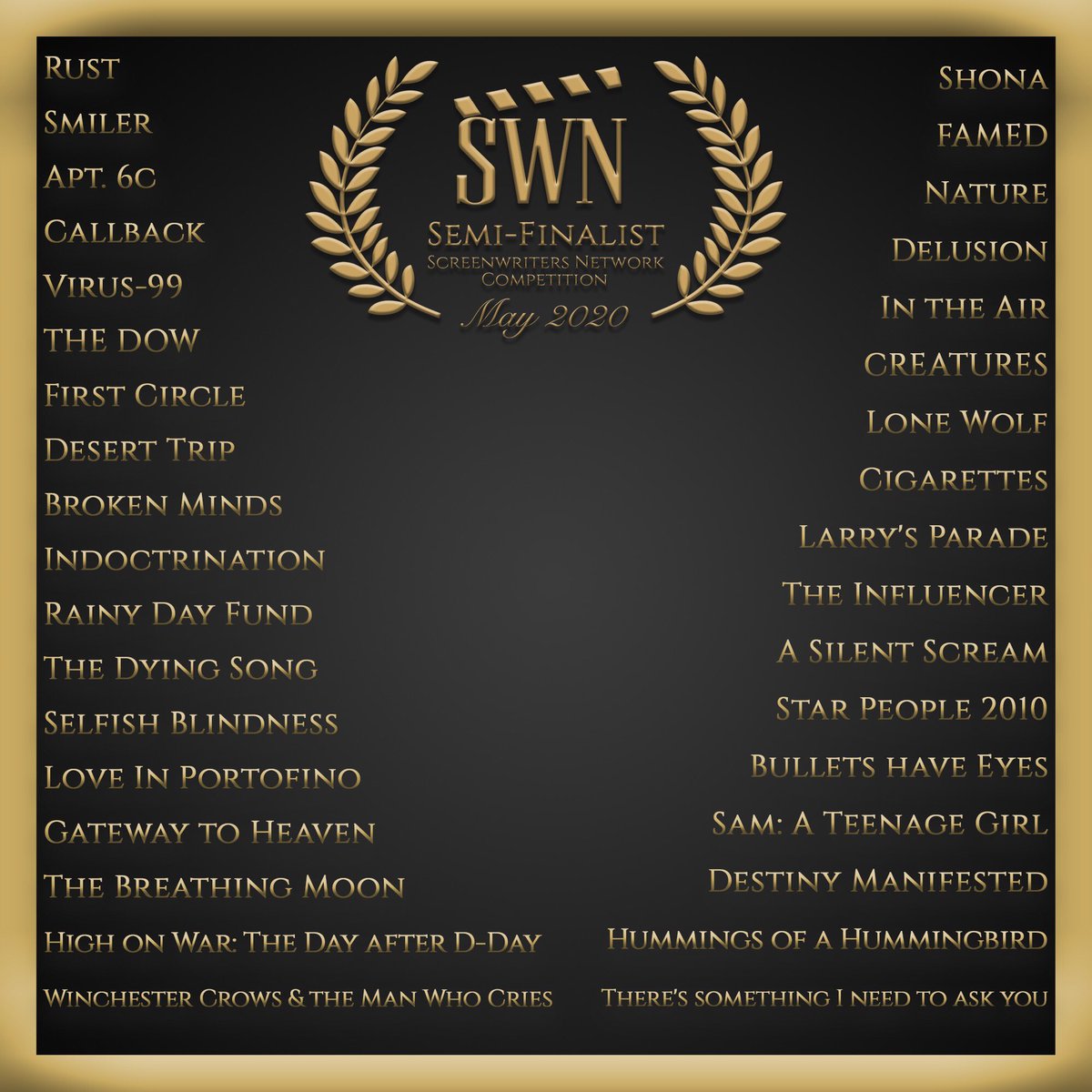 ScreenwritersN's tweet image. Congratulations to our semi-finalists! 🥳🙌🏻✍️
 
Short Film &amp;gt; TV Pilot &amp;gt; Feature-Length

#screenwriting #screenplay #Screenwriter #scriptcompetition #screenplaycompetition